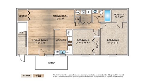 Floor plan for 2 beds, 1 bath, 960 sqft